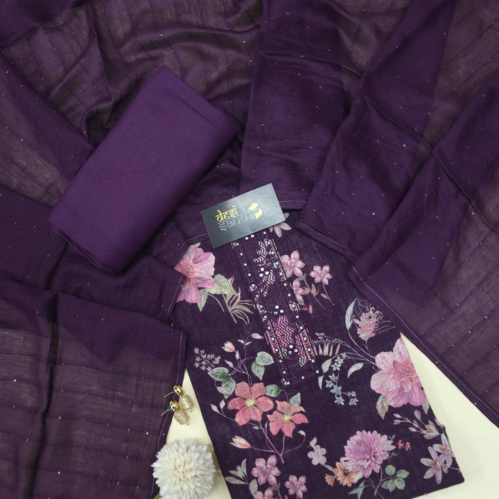 Eggplant Purple Digital Printed Cotton Linen Top and Dupatta Set-D2