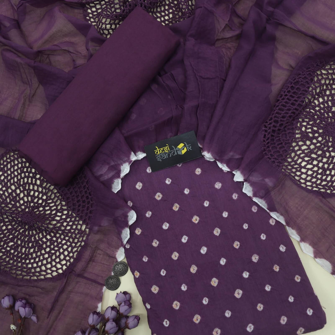 Eggplant Purple Authentic Bandhej Top with Cotton Dupatta Set