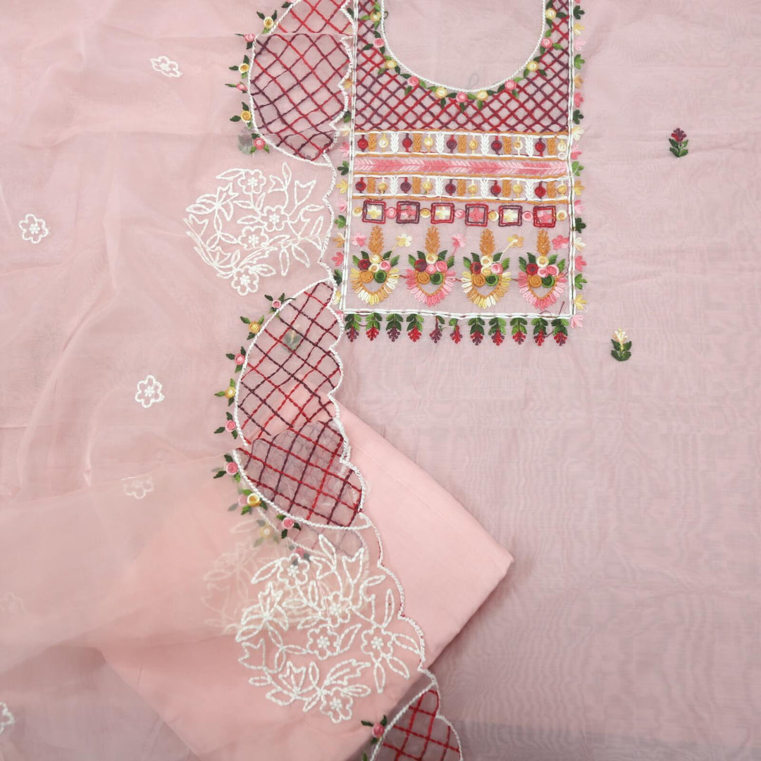 Pardesiya Blush Pink Thread Work Chanderi Top with Thread Work Organza Dupatta Set