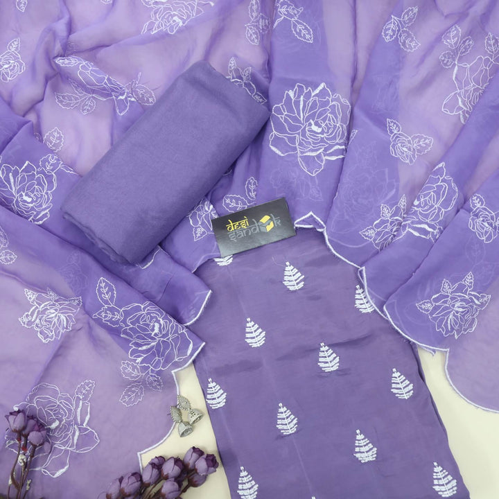 Darling Iris Purple Thread Work Muslin Top with Thread Work Organza Dupatta Set