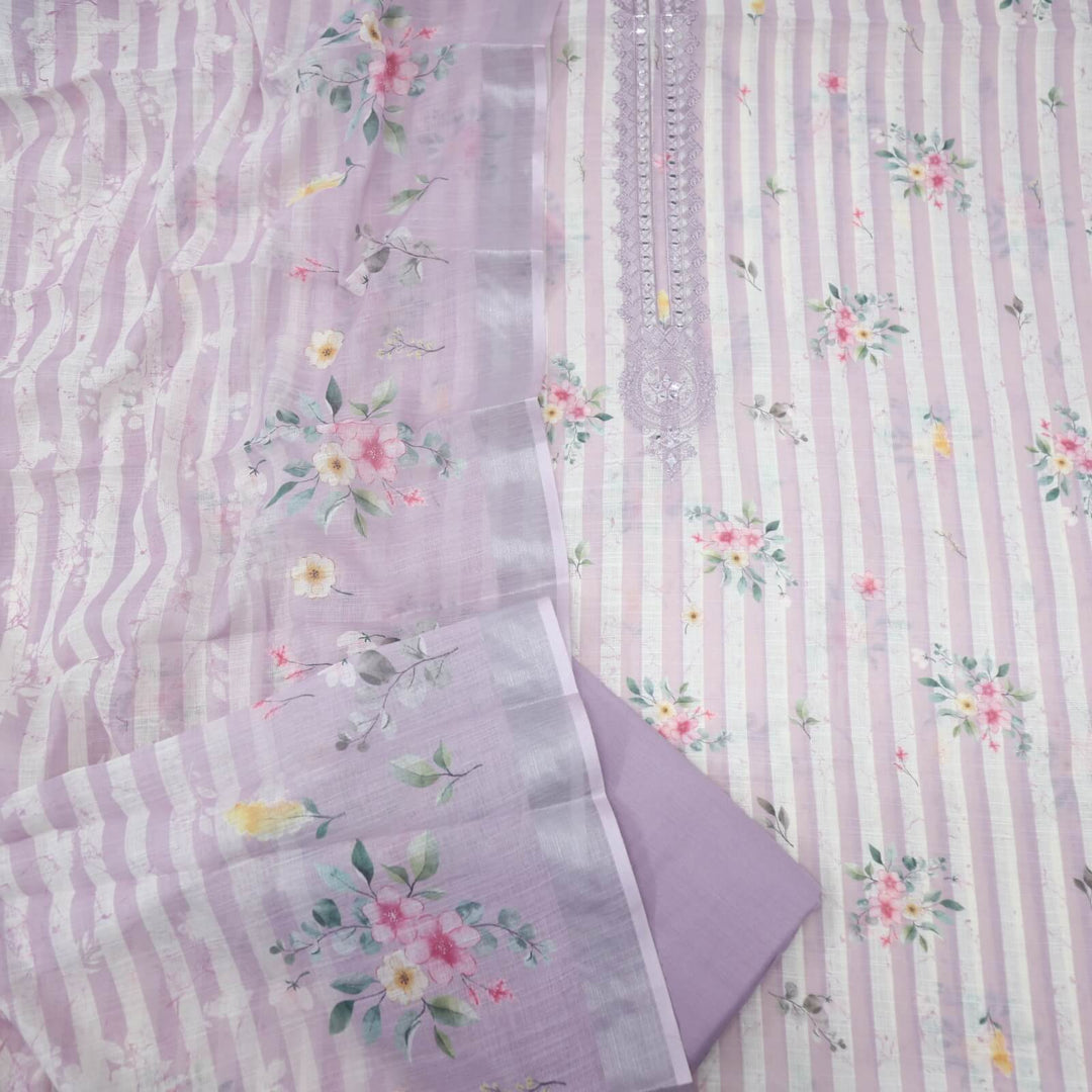 Mahreen Light Orchid Candy Stripe Printed Cotton Linen Top with Cotton Linen Printed Dupatta Set