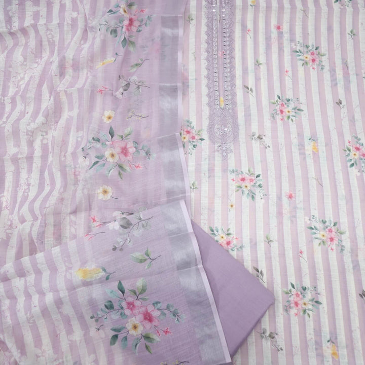 Mahreen Light Orchid Candy Stripe Printed Cotton Linen Top with Cotton Linen Printed Dupatta Set