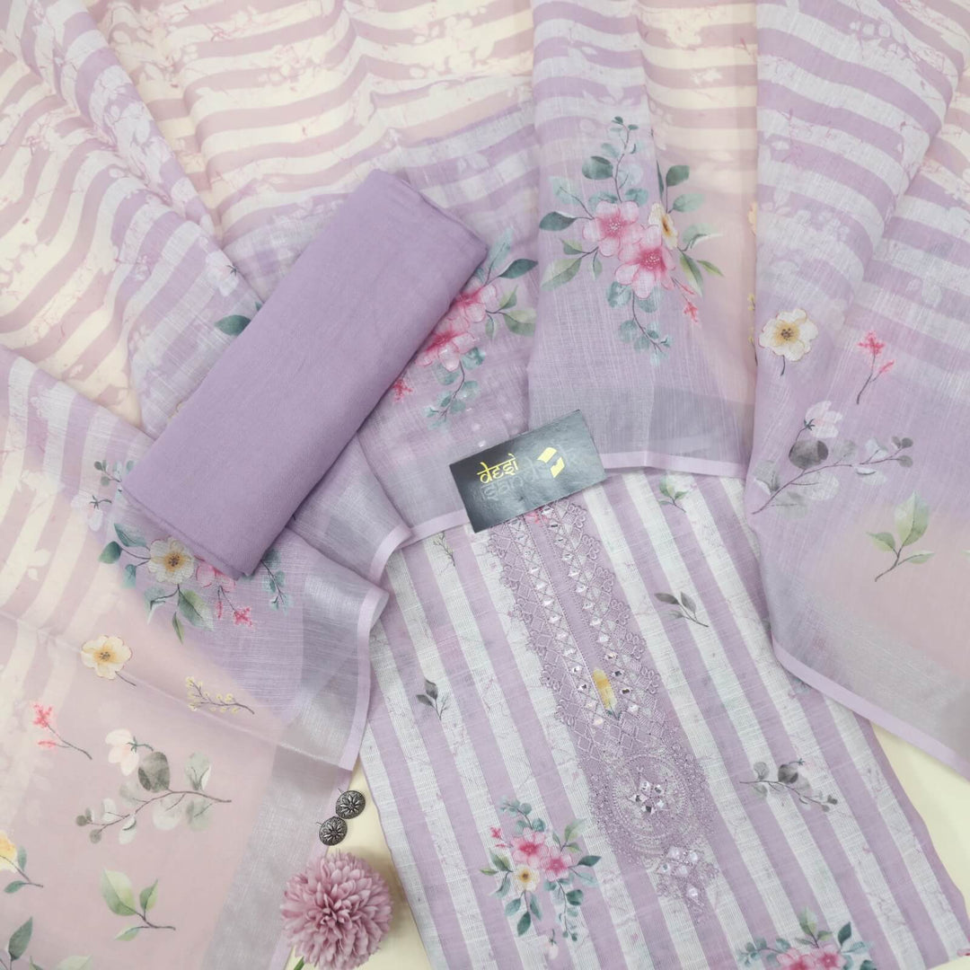 Mahreen Light Orchid Candy Stripe Printed Cotton Linen Top with Cotton Linen Printed Dupatta Set