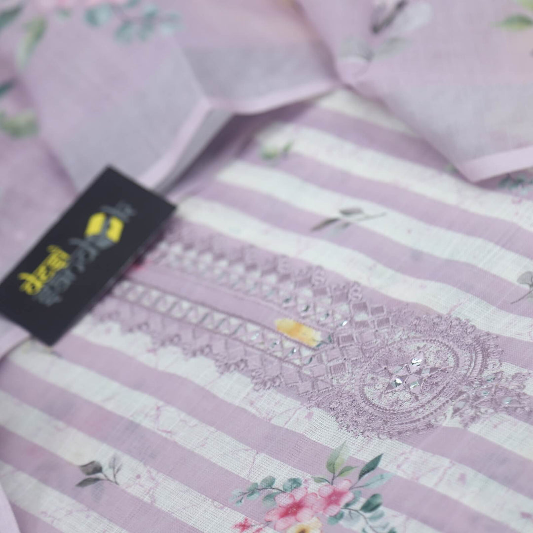 Mahreen Light Orchid Candy Stripe Printed Cotton Linen Top with Cotton Linen Printed Dupatta Set