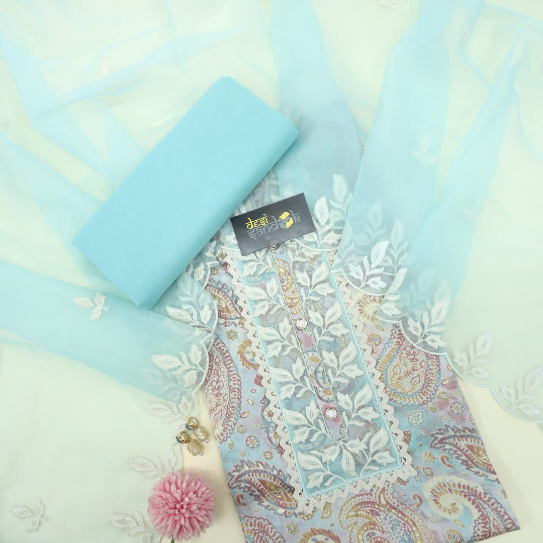 Ribollita Baby Blue Digital Printed Glazed Cotton Top with Organza Dupatta Set