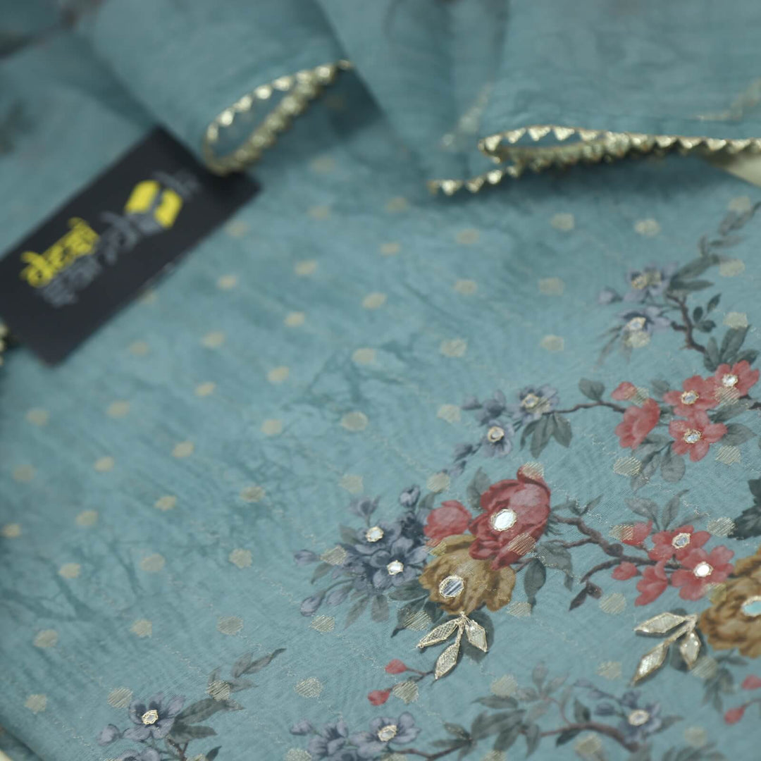 Nihari Turkish Blue Chanderi Silk Top with Printed Organza  Dupatta Set