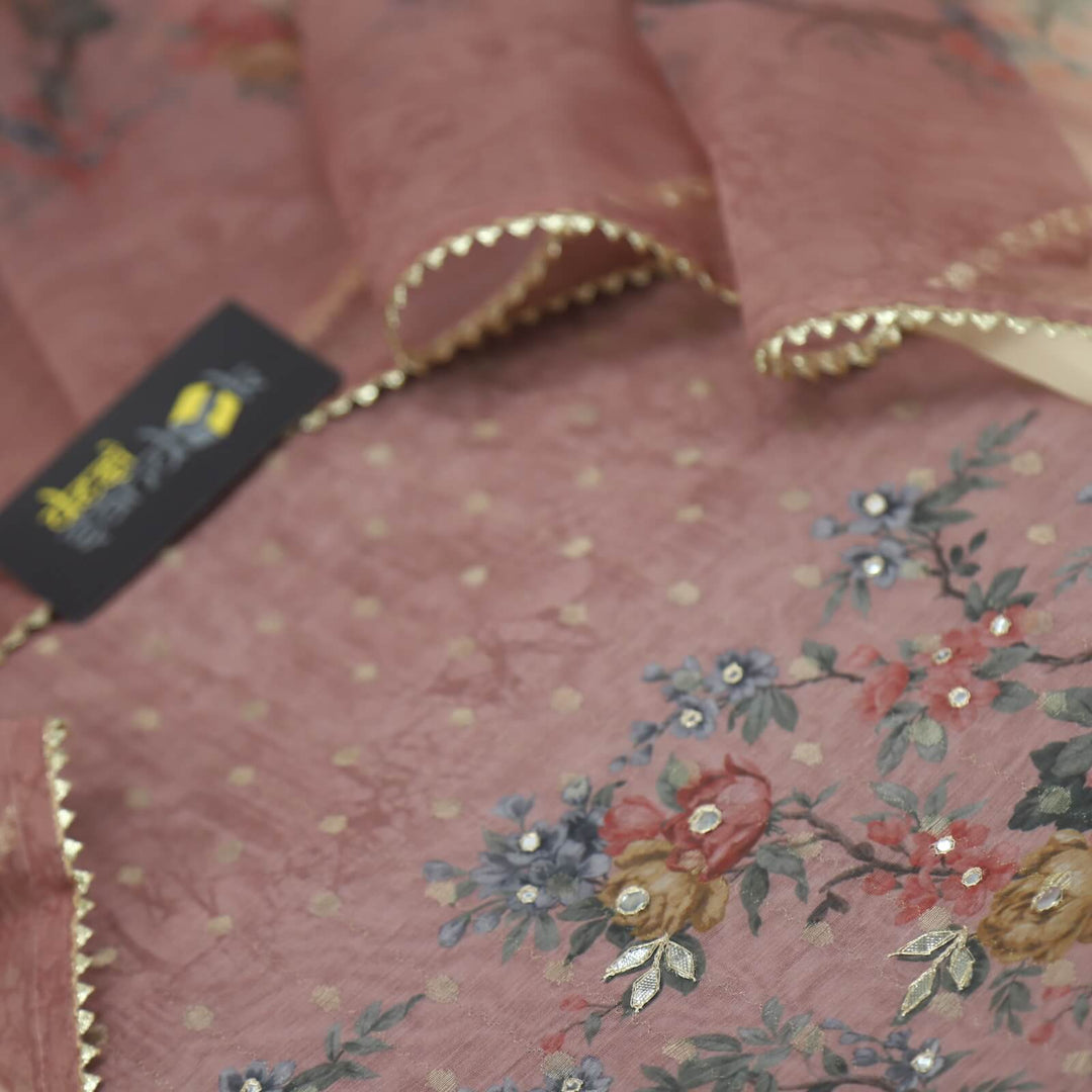 Nihari Mauve Chanderi Silk Top with Printed Organza  Dupatta Set