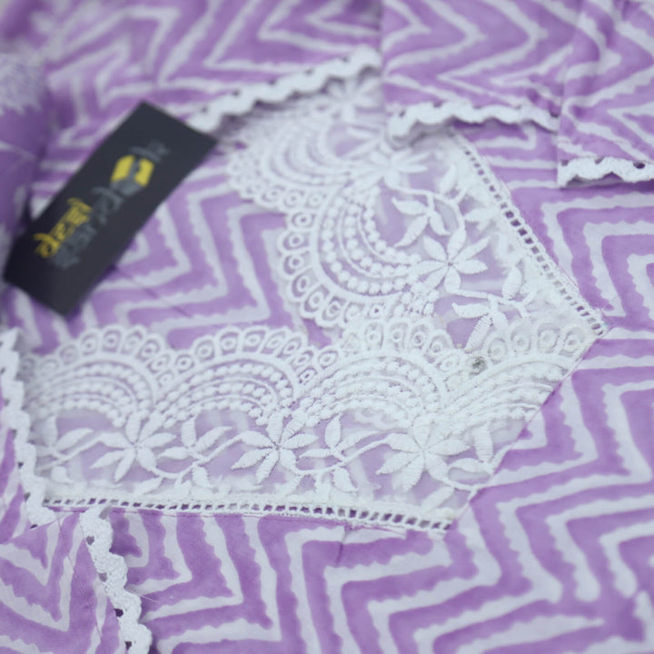 Lehar Lilac Lace Work Leheriya Cotton Top With Semi Cotton and Organza Dupatta set