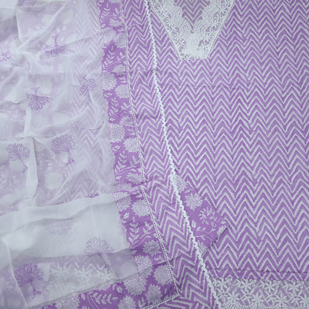 Lehar Lilac Lace Work Leheriya Cotton Top With Semi Cotton and Organza Dupatta set