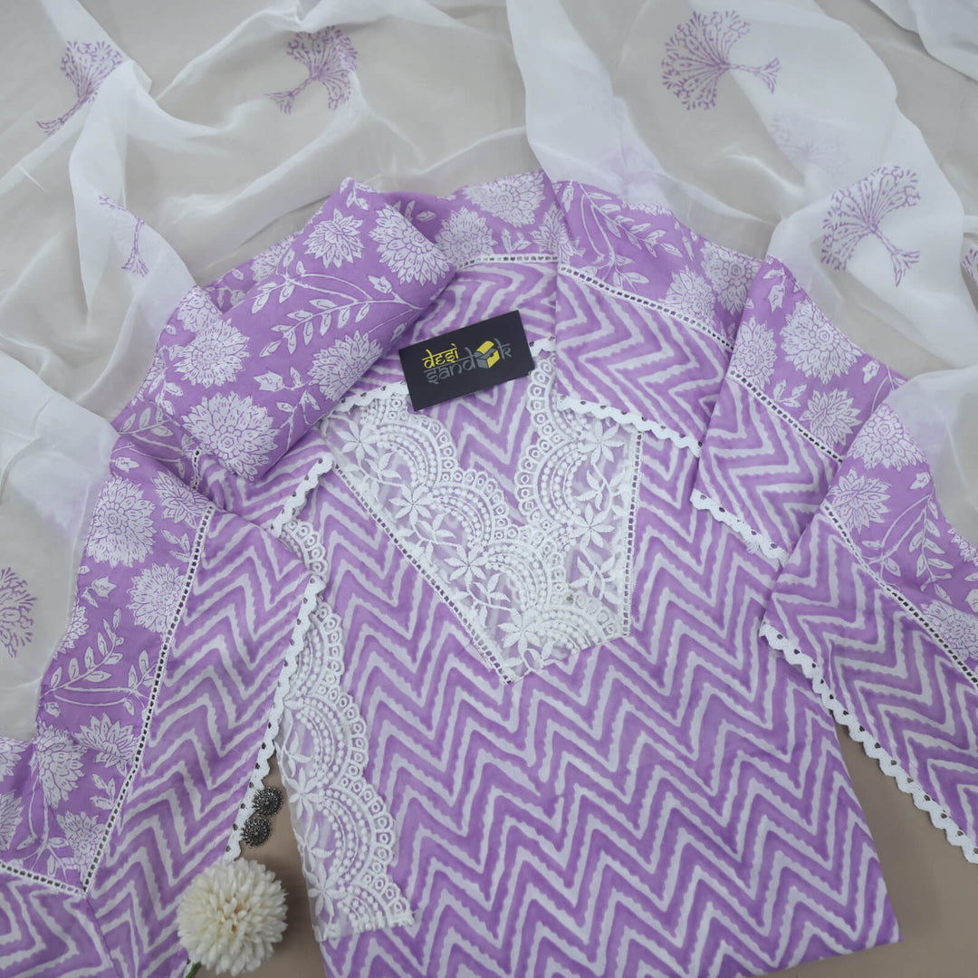 Lehar Lilac Lace Work Leheriya Cotton Top With Semi Cotton and Organza Dupatta set