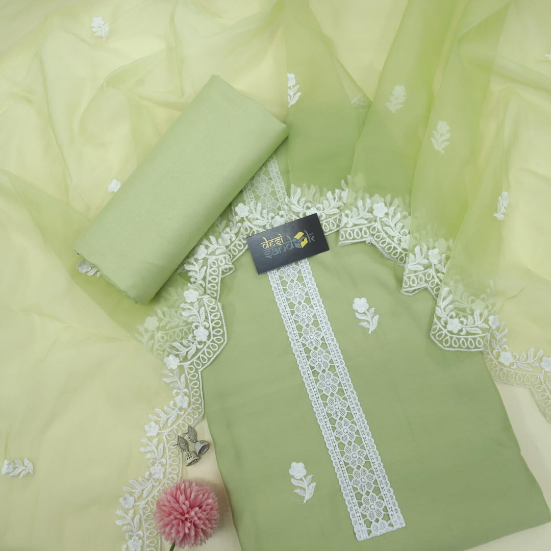 Rushna Mint Green Cotton Silk Top with Thread Work Organza Dupatta Set