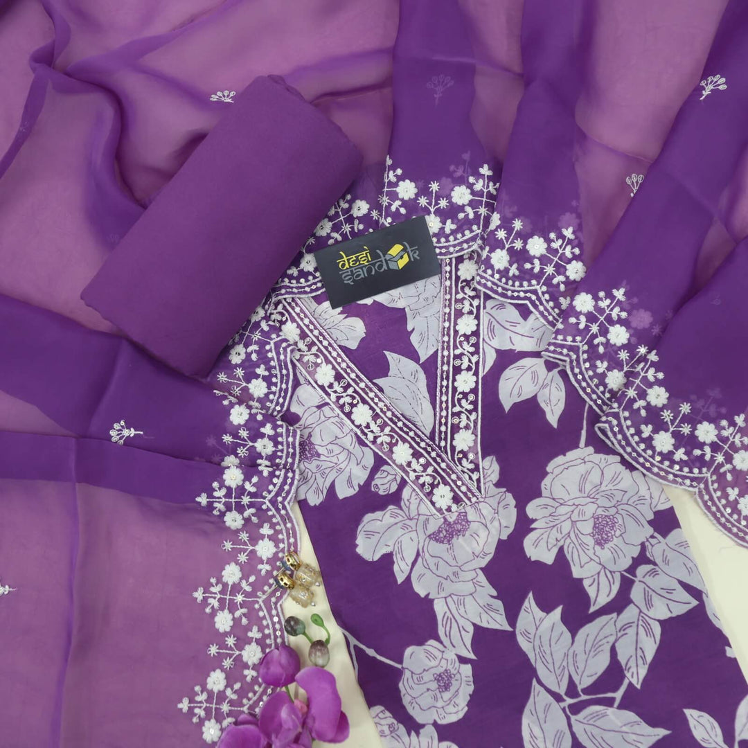 Mastani Purple V neck Printed Muslin Top With Thread Work Organza Dupatta Set