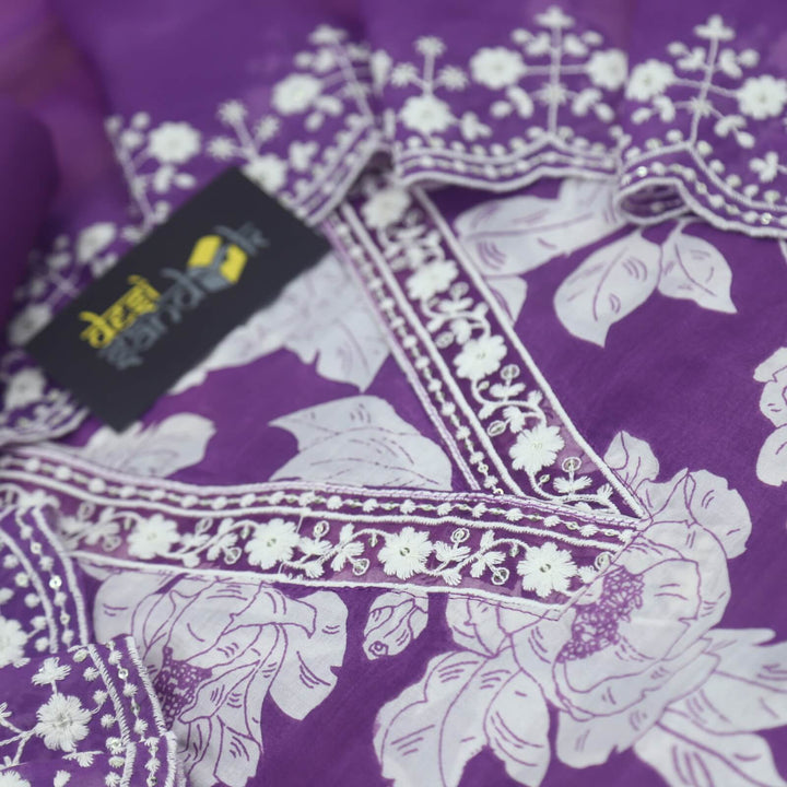 Mastani Purple V neck Printed Muslin Top With Thread Work Organza Dupatta Set