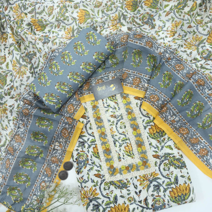 Rangoon Offwhite and Yellow Printed Cotton Top with Printed Bottom and Dupatta Set