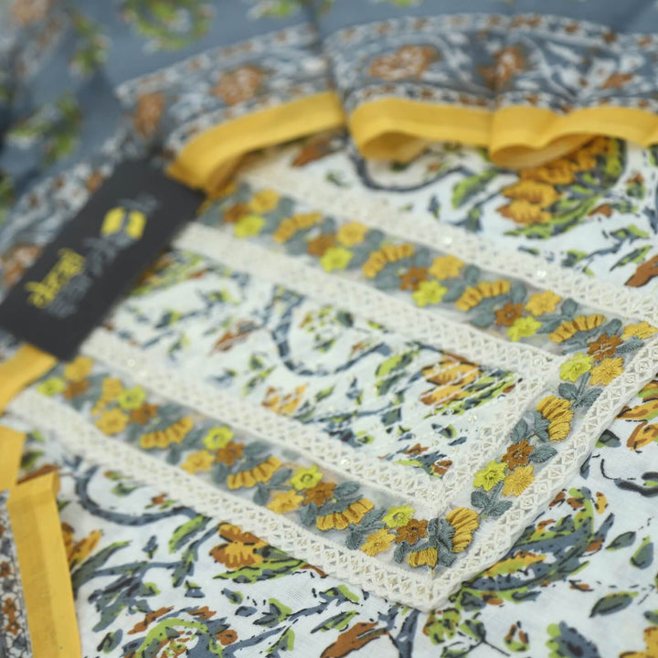 Rangoon Offwhite and Yellow Printed Cotton Top with Printed Bottom and Dupatta Set