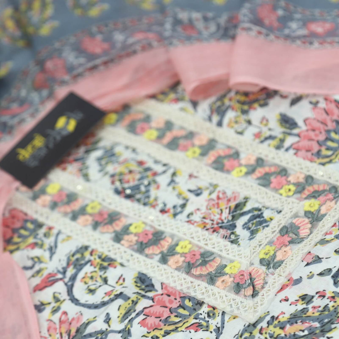 Rangoon Offwhite and Flamingo Pink Printed Cotton Top with Printed Bottom and Dupatta Set