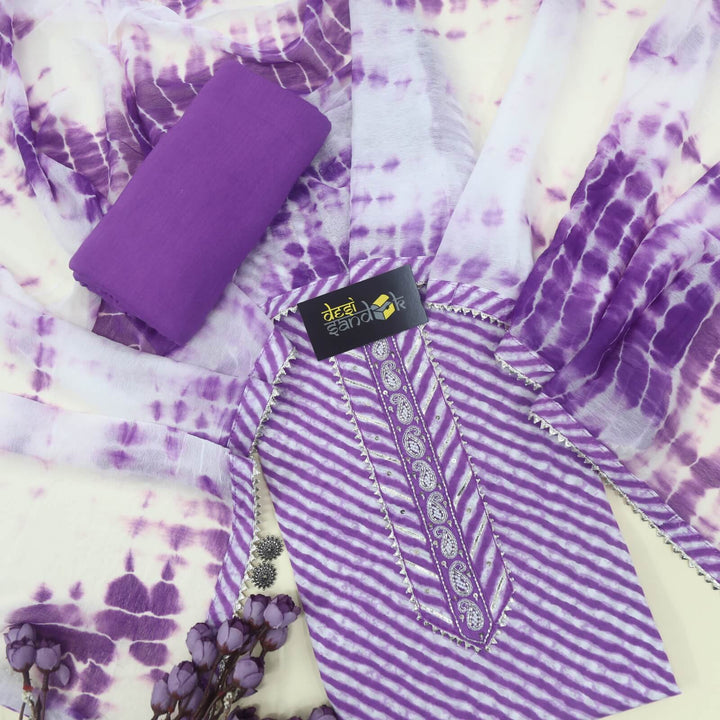 Leher Violet Purple Cotton Leheriya Top with Bandhani Print Chiffon Dupatta Set