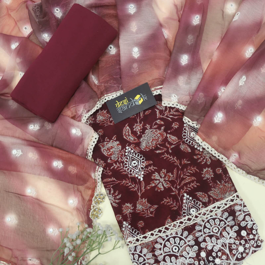 Lahori Maroon Cotton Pakistani Suit with Embroidered Chiffon Dupatta Set