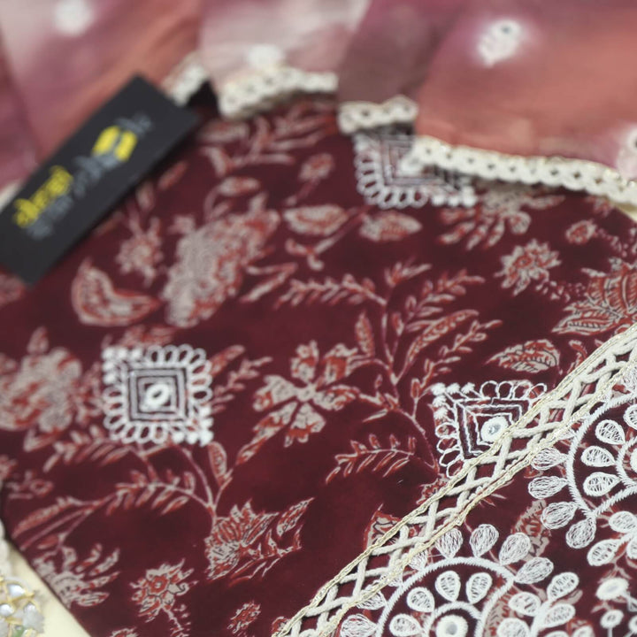 Lahori Maroon Cotton Pakistani Suit with Embroidered Chiffon Dupatta Set