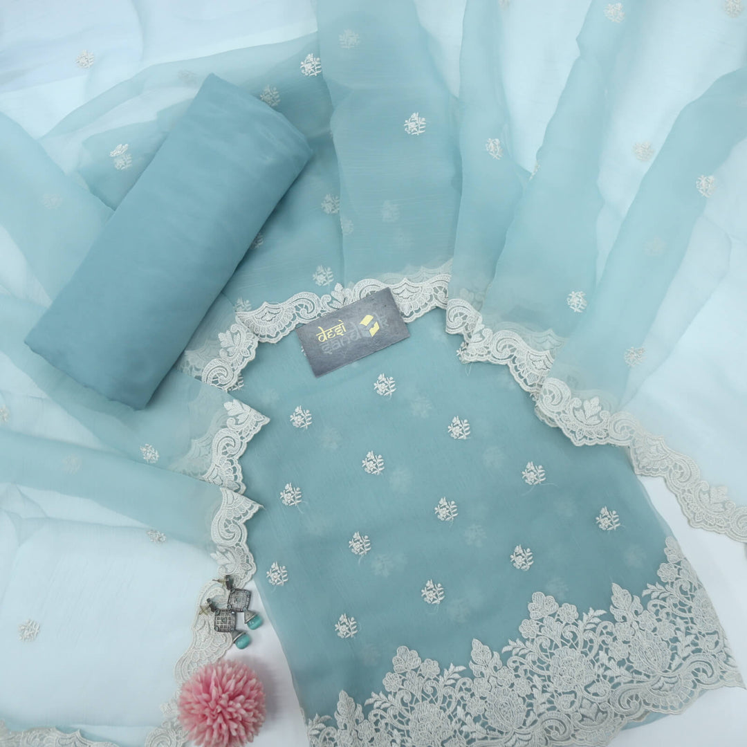 Season Of Smile Powder Blue Organza Chiffon Top With Organza Chiffon Dupatta Set