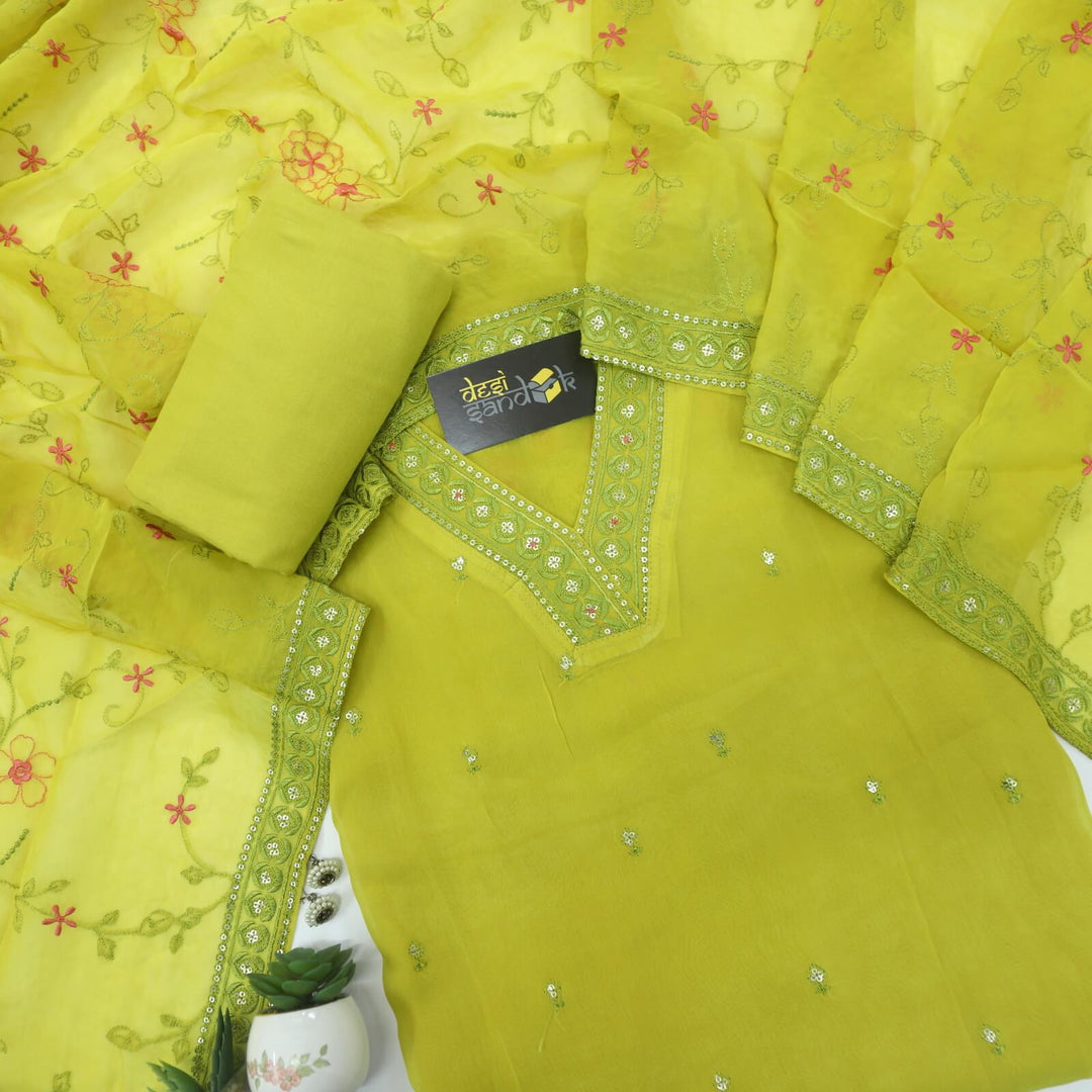 Nagma Cyber Yellow V Neck Georgette Top With Thread Work Georgette Dupatta Set