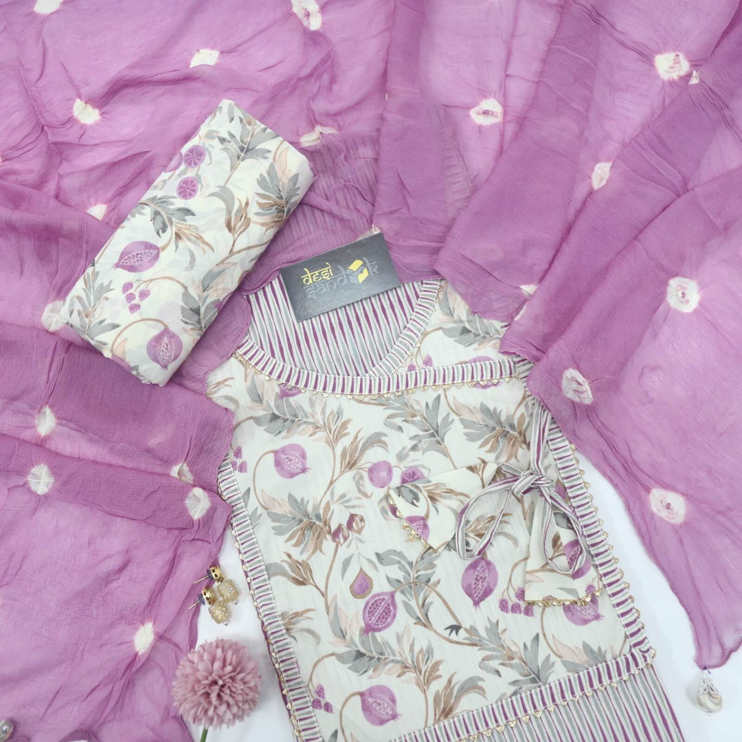 Mughal White with Lavender Printed Angrakha Cotton Top with Dual Shade Chiffon Dupatta Set