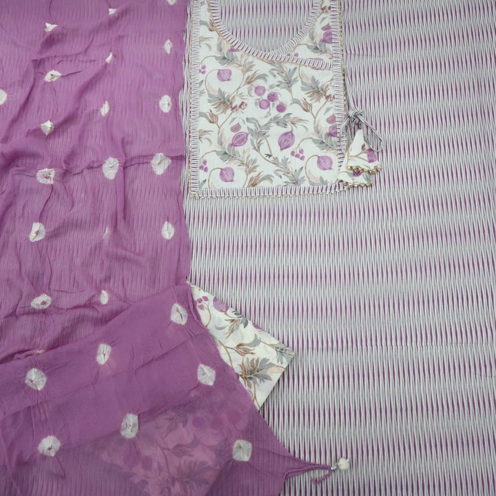 Mughal White with Lavender Printed Angrakha Cotton Top with Dual Shade Chiffon Dupatta Set