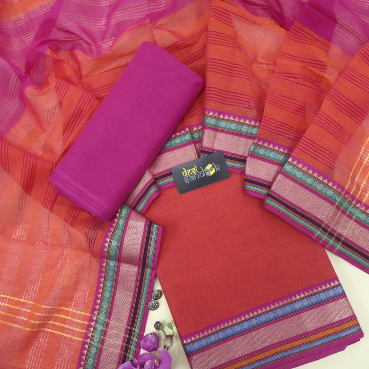 Dark Pink and Magenta South Cotton Top with Mangalgiri Hem and Dupatta Set-D2