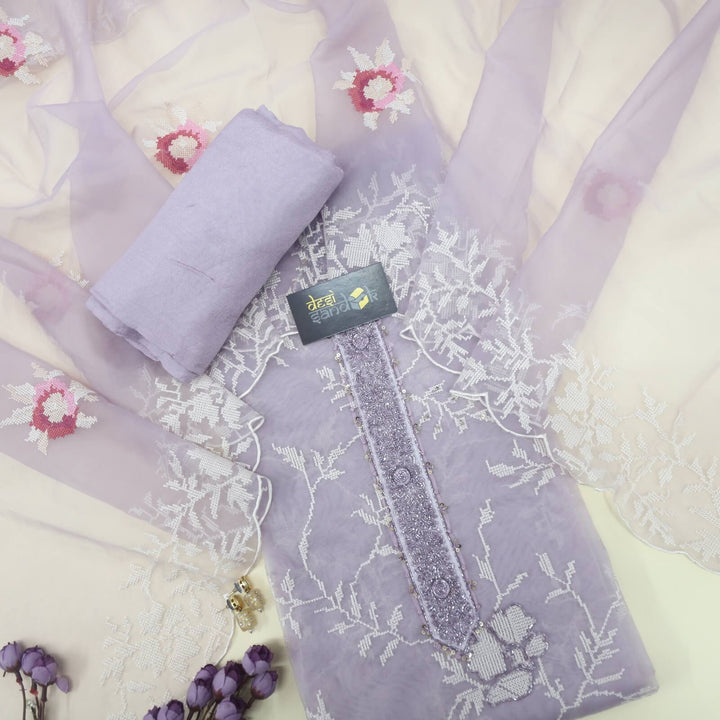 Sufiyana Light Lilac Cross Stitch Work Organza Top with Cross Stitch Work Organza Dupatta Set