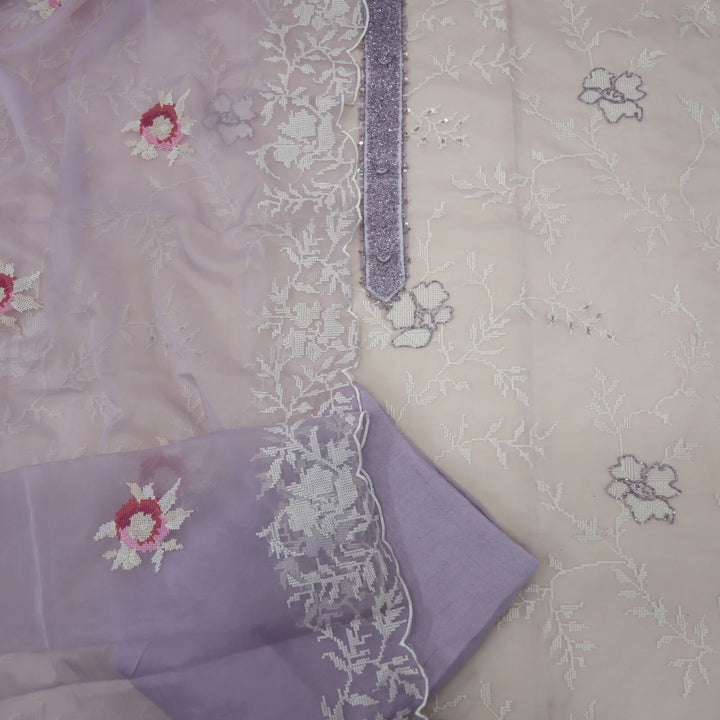 Sufiyana Light Lilac Cross Stitch Work Organza Top with Cross Stitch Work Organza Dupatta Set