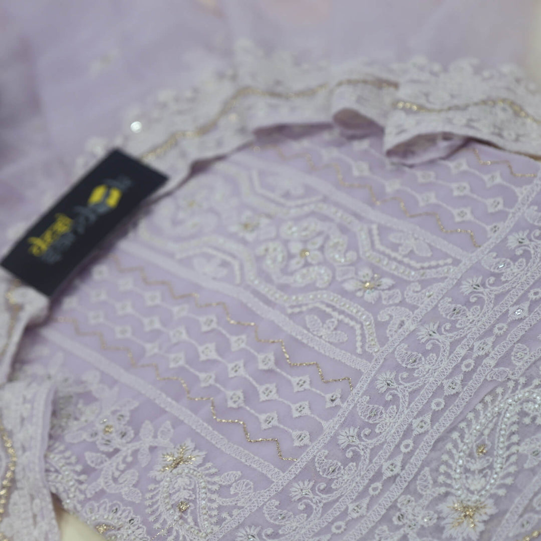 Khawab Light Lilac Thread Work Georgette Top with Chiffon Dupatta Set