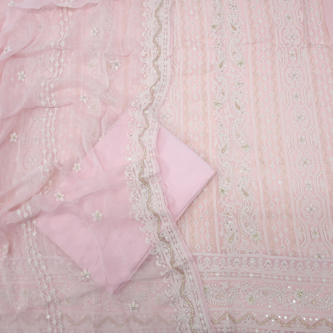 Khawab Baby Pink Thread Work Georgette Top with Chiffon Dupatta Set