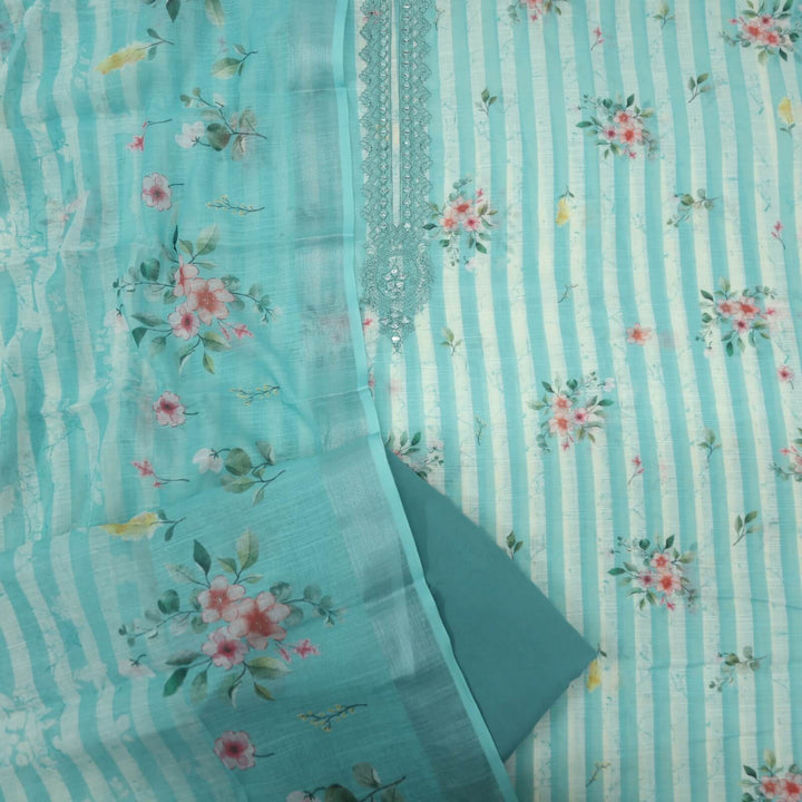 Mahreen Light Aqua Candy Stripe Printed Cotton Linen Top with Cotton Linen Printed Dupatta Set