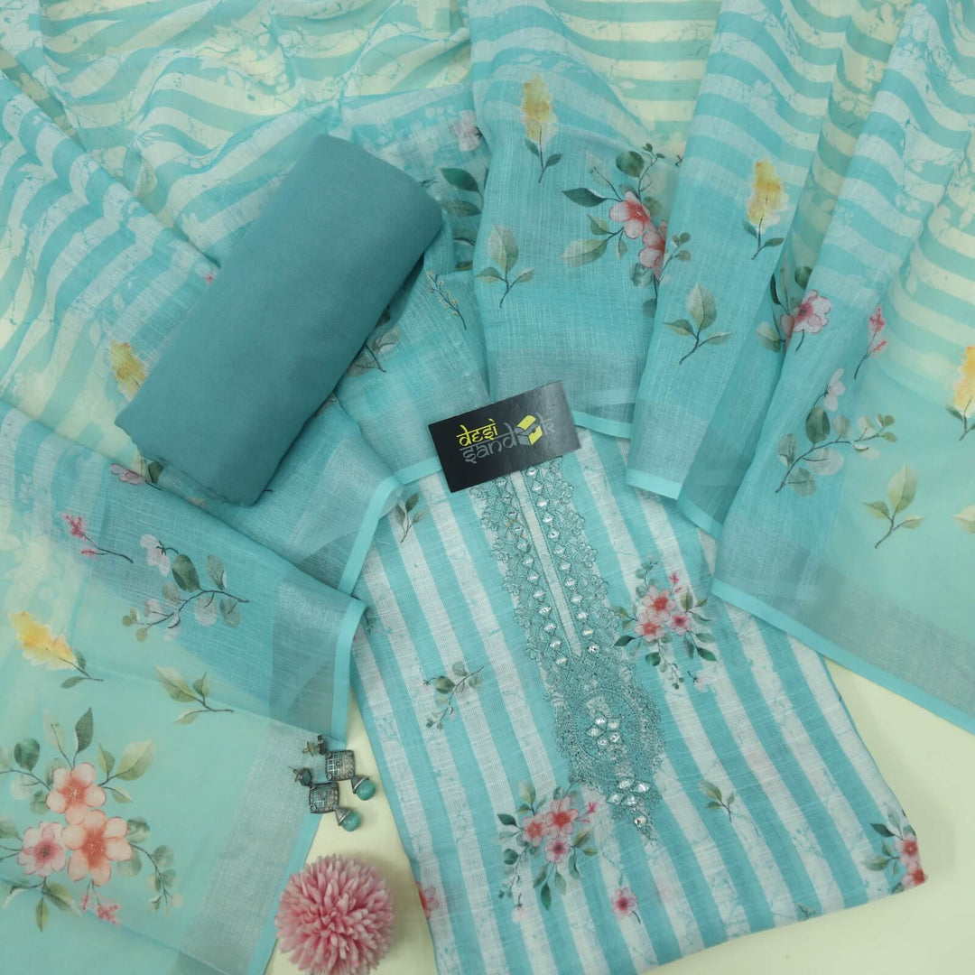 Mahreen Light Aqua Candy Stripe Printed Cotton Linen Top with Cotton Linen Printed Dupatta Set
