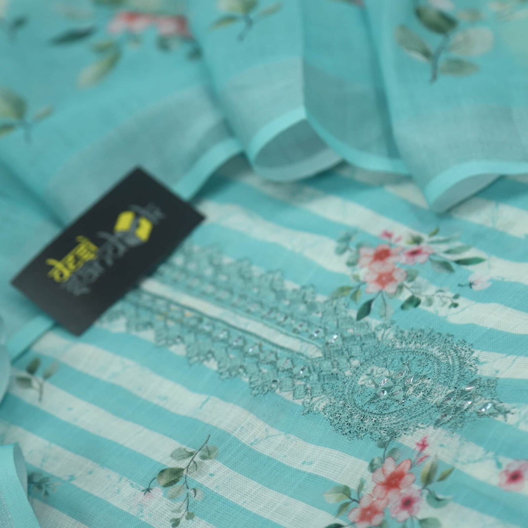 Mahreen Light Aqua Candy Stripe Printed Cotton Linen Top with Cotton Linen Printed Dupatta Set