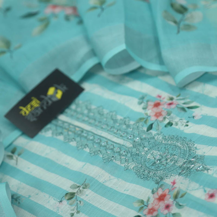 Mahreen Light Aqua Candy Stripe Printed Cotton Linen Top with Cotton Linen Printed Dupatta Set