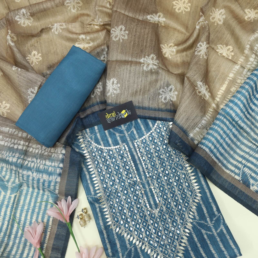 Ghoomer Cerulean Blue Tussar Chanderi Silk Top with Chanderi Silk Dupatta Set