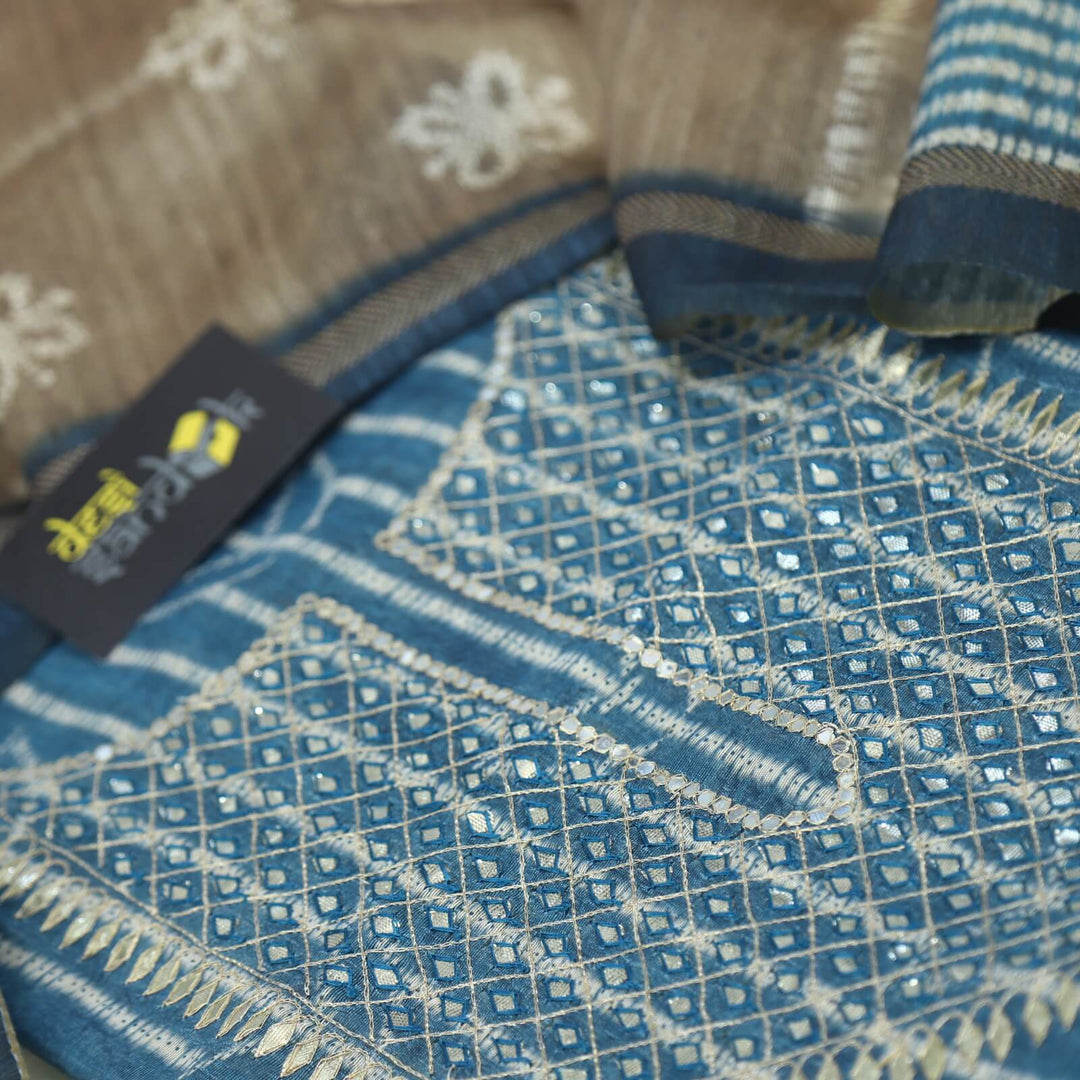 Ghoomer Cerulean Blue Tussar Chanderi Silk Top with Chanderi Silk Dupatta Set