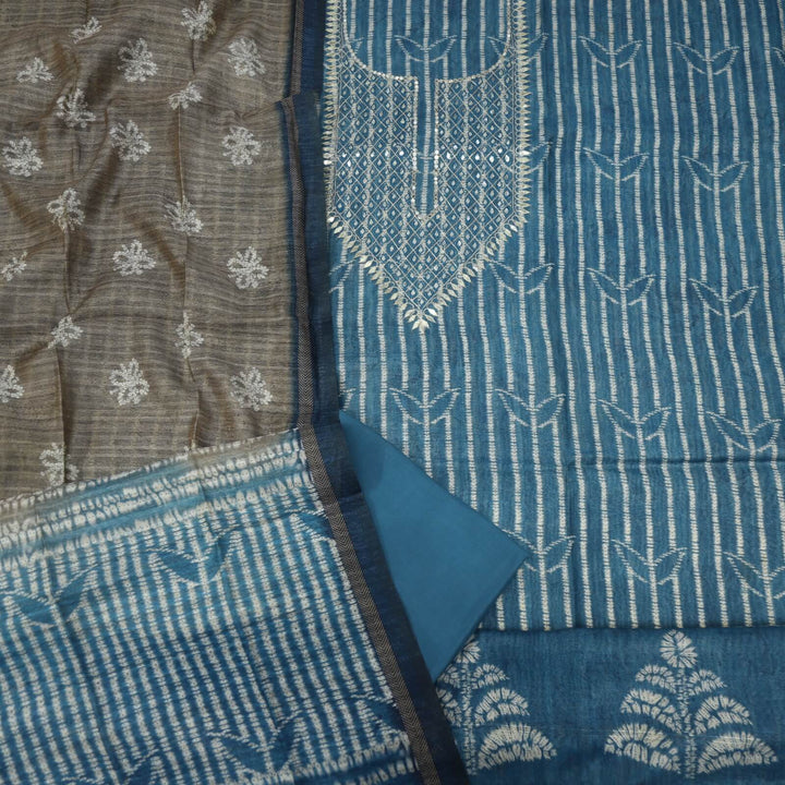 Ghoomer Cerulean Blue Tussar Chanderi Silk Top with Chanderi Silk Dupatta Set