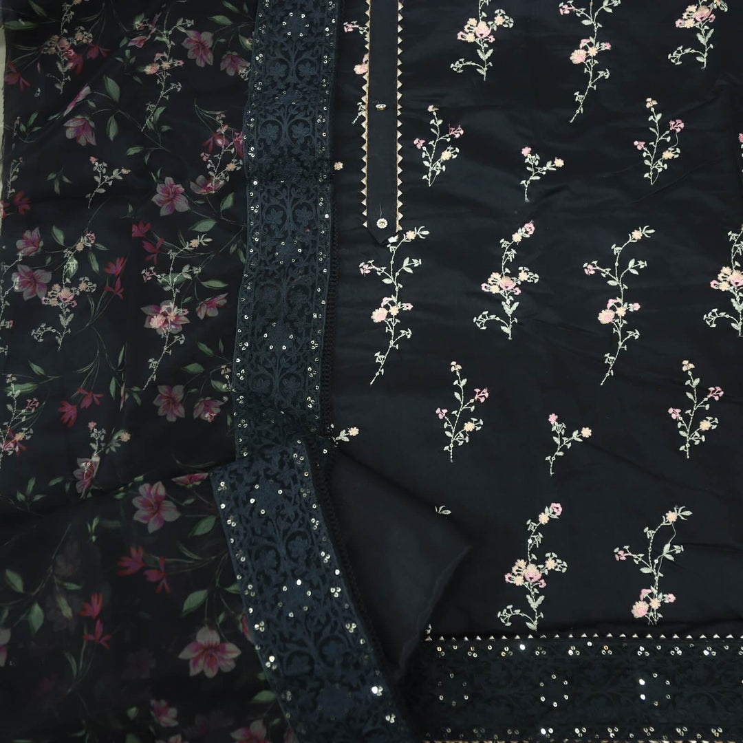 Blissta Black Thread Work Chanderi Top with Floral Printed Organza Dupatta Set