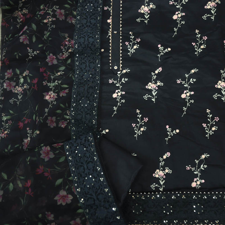 Blissta Black Thread Work Chanderi Top with Floral Printed Organza Dupatta Set
