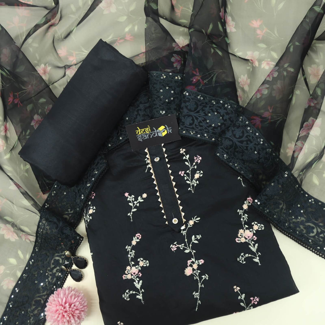 Blissta Black Thread Work Chanderi Top with Floral Printed Organza Dupatta Set