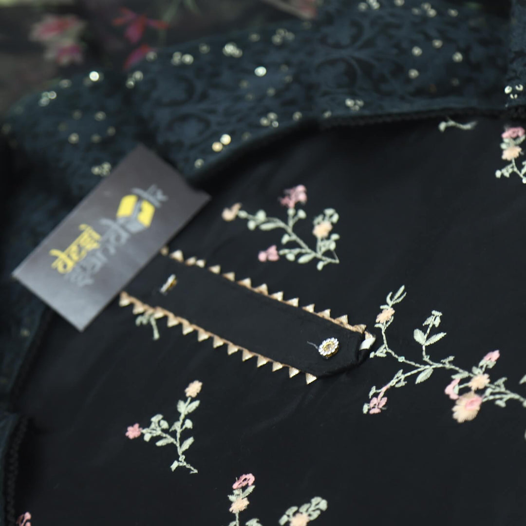 Blissta Black Thread Work Chanderi Top with Floral Printed Organza Dupatta Set