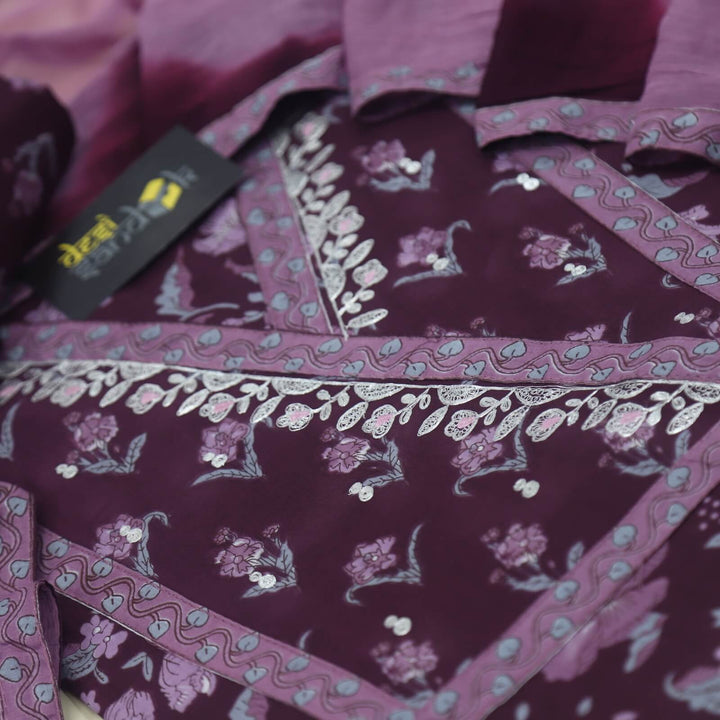 Splash Sangria Purple Pita Work Floral Printed Cotton Top with Chiffon Dupatta Set