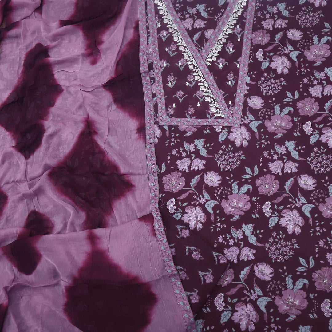 Splash Sangria Purple Pita Work Floral Printed Cotton Top with Chiffon Dupatta Set