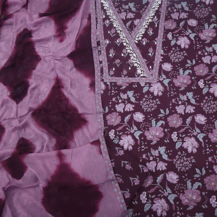 Splash Sangria Purple Pita Work Floral Printed Cotton Top with Chiffon Dupatta Set