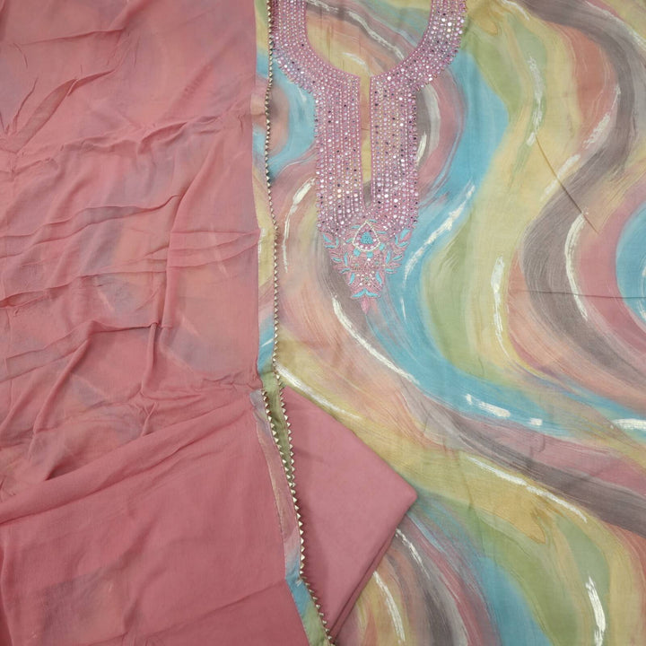 Rainbow Leher Colorful Embellished Neck Work Modal Top with Plain Chiffon Dupatta Set