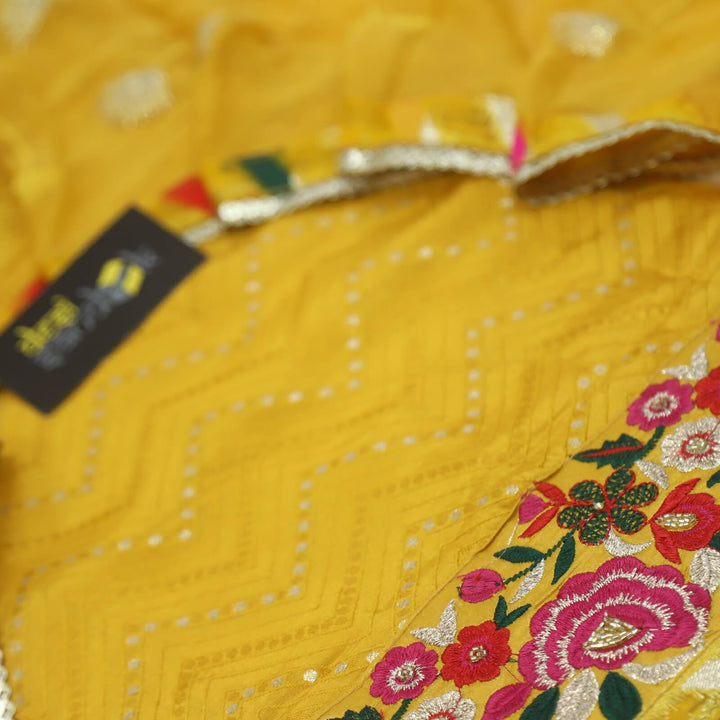 Ishani Canary Yellow Thread Work Dola Silk with Zari Work Chiffon Dupatta Set