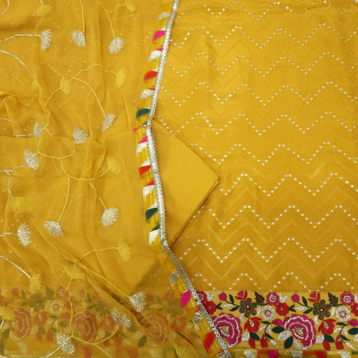 Ishani Canary Yellow Thread Work Dola Silk with Zari Work Chiffon Dupatta Set
