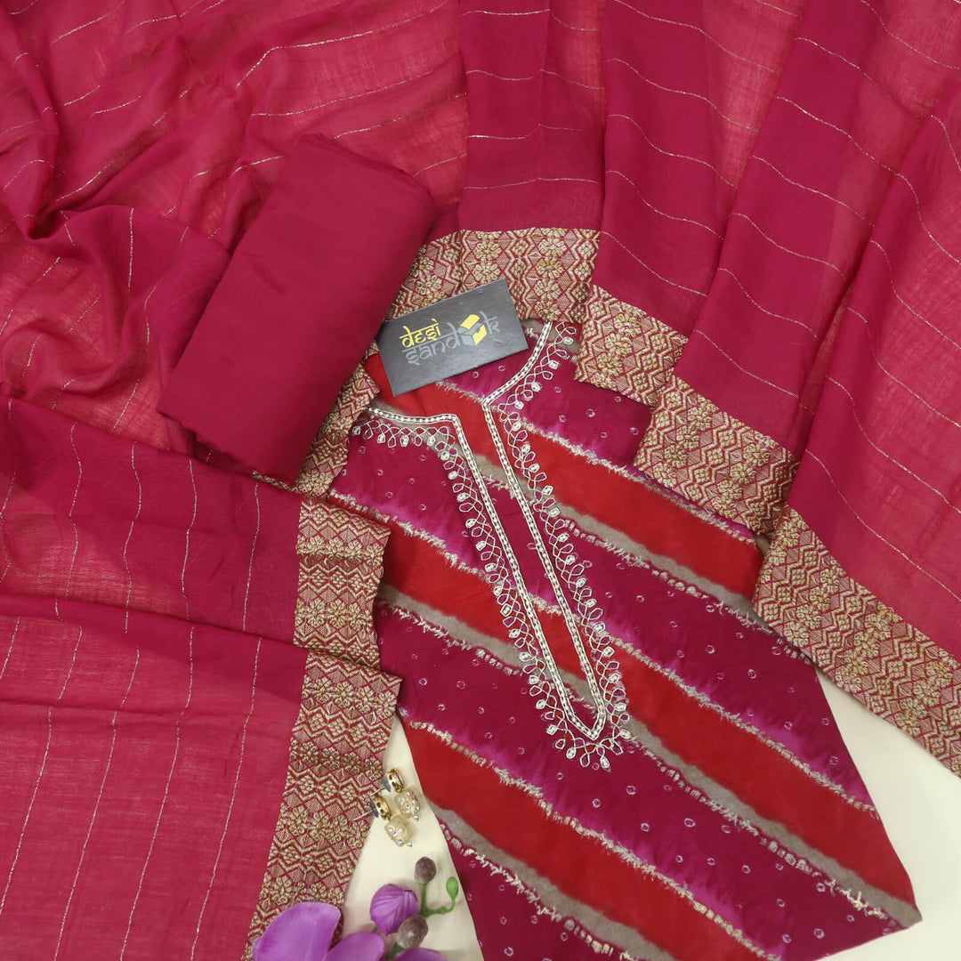 Leher Shades Of Jazzberry Jam Embellished Neckline Printed Modal Top With Chanderi Silk Dupatta Set